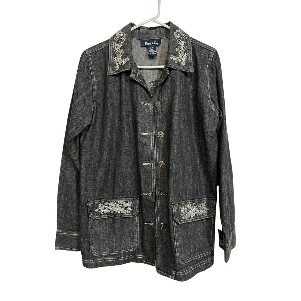 Denim & Co Embroidered Denim Jacket Women’s XS Dark Wash Button Front Oversized